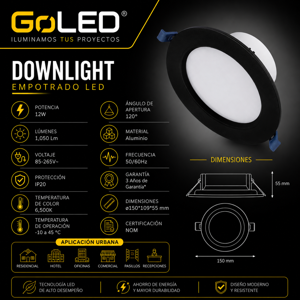 Empotrable LED Downlight 12W 6500K Negro para Interiores