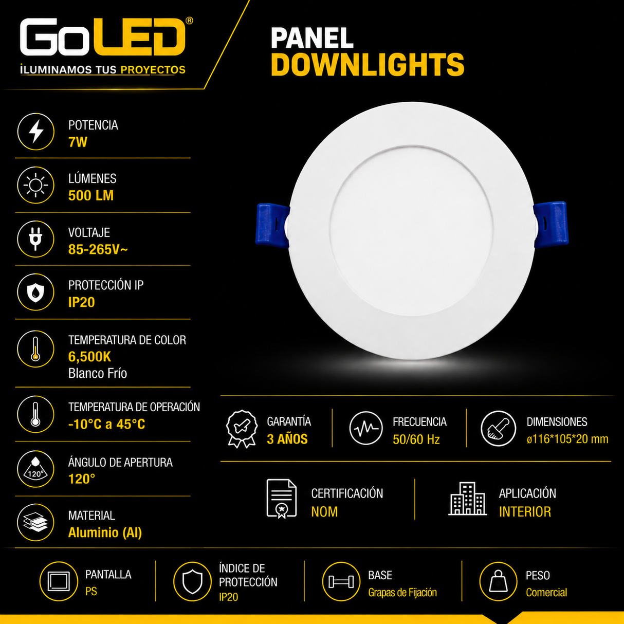 Panel Downlight LED Blanco Frio 7W 6500K Empotrable para Iluminación Interior