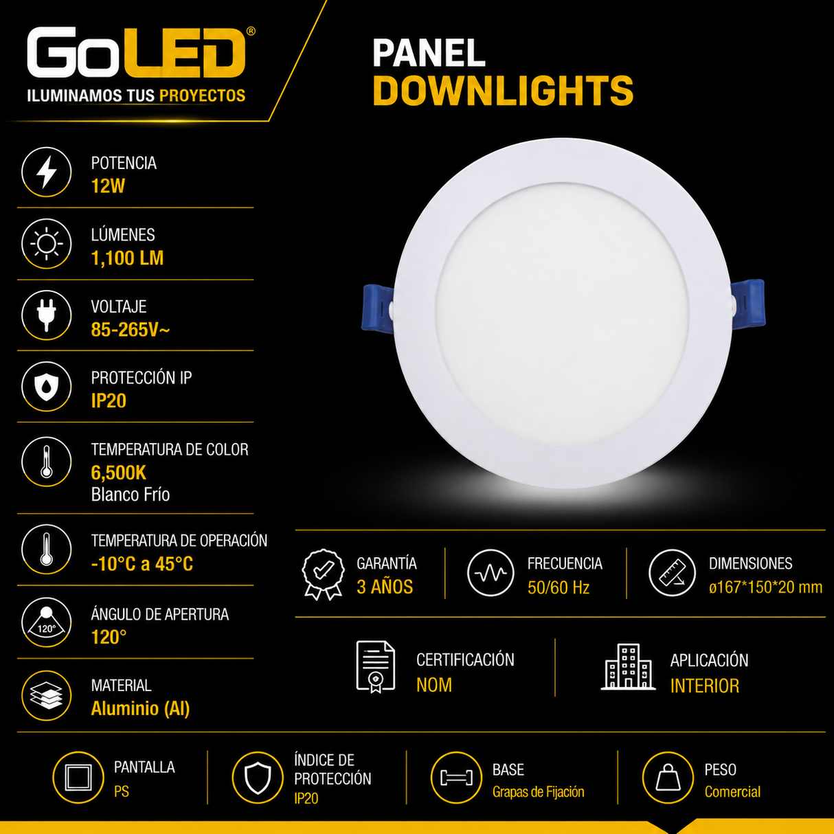 Panel Downlight LED Blanco Frio 12W 6500K Empotrable para Iluminación Interior