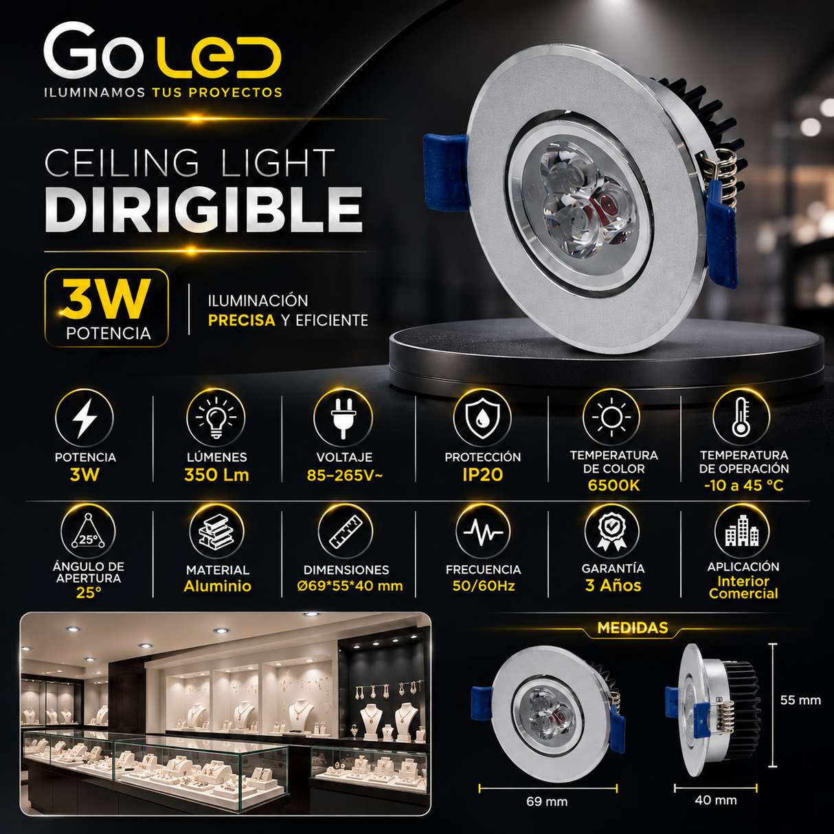 Ceiling Light LED Dirigible 3W 6500K Empotrable para Interior