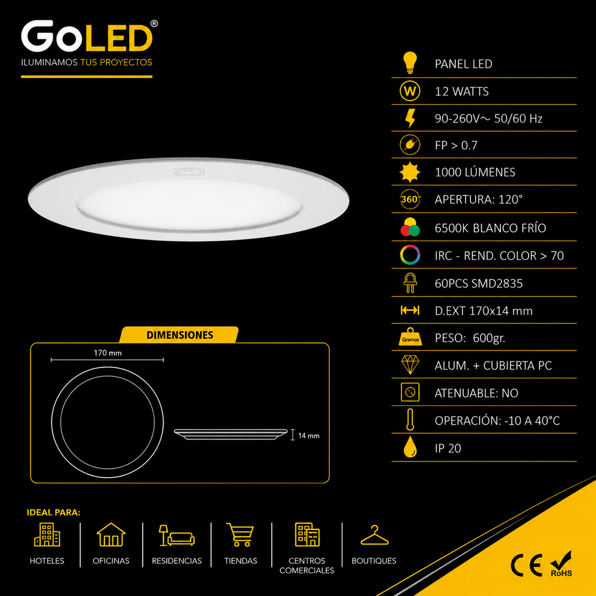 Panel LED Redondo Slim Blanco Frio 12W 6500K Empotrable para Interiores