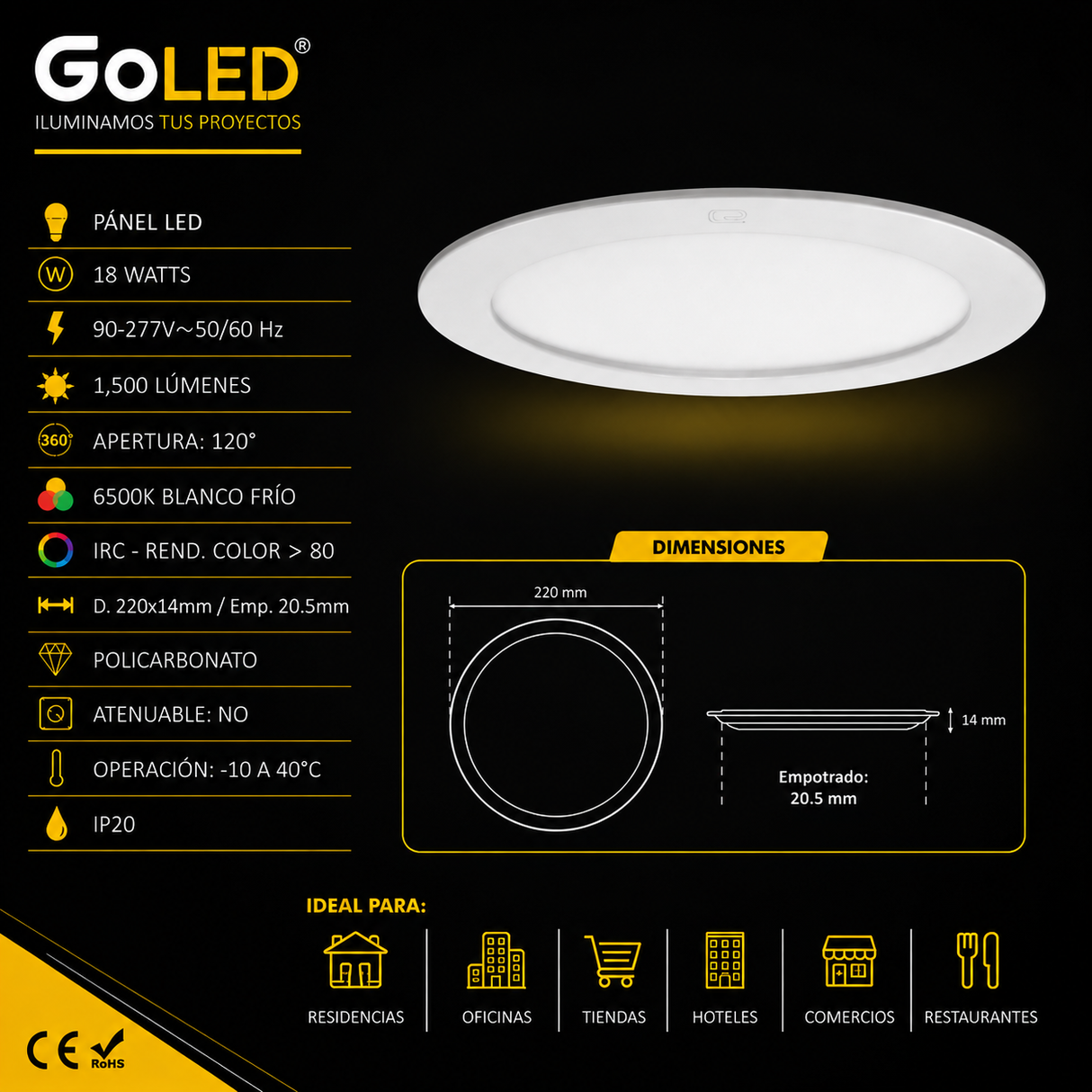 Panel LED Redondo Slim Blanco Frio 18W 6500K Empotrable para Interiores