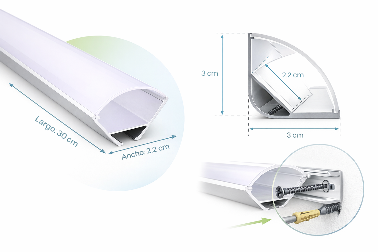 Perfil de Aluminio para Tira LED 3m Empotrable o Sobrepuesto