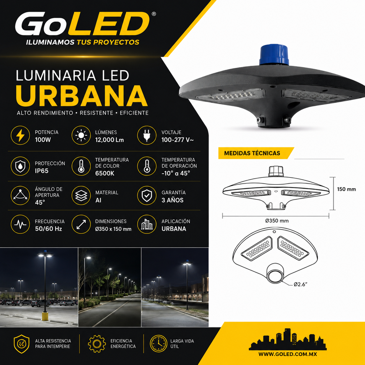 Luminario LED Punta de Poste 100W IP65 con Fotocelda PTGW-100W