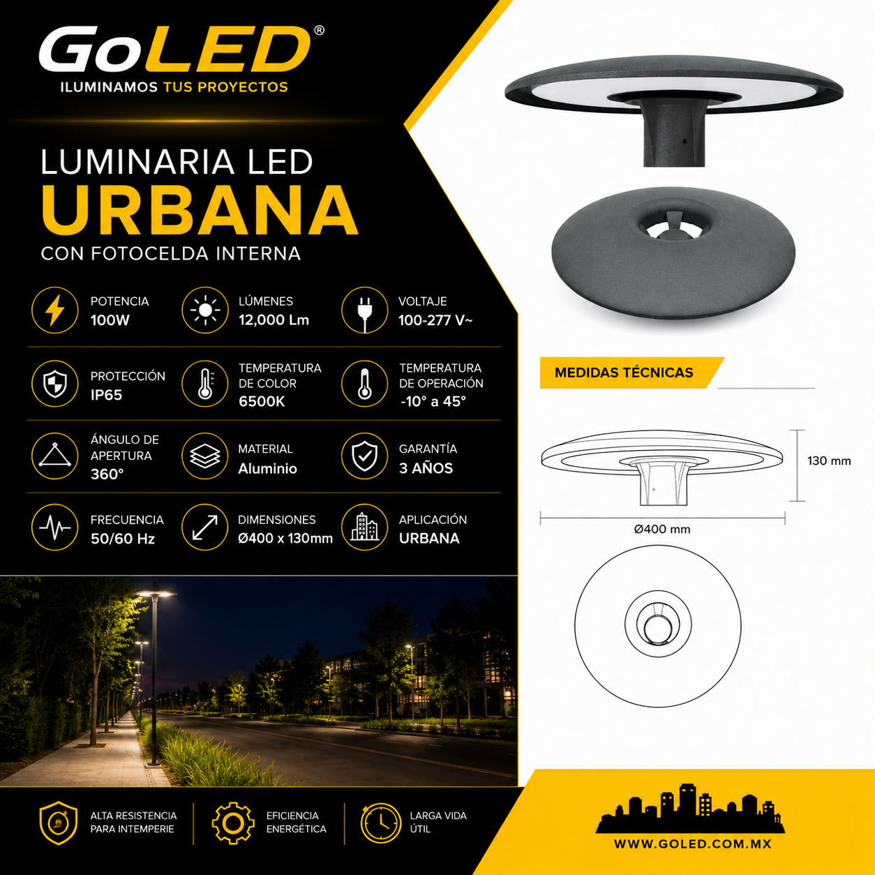 Luminario LED Punta de Poste 100W IP65 con Fotocelda Interna PTKJ-100W