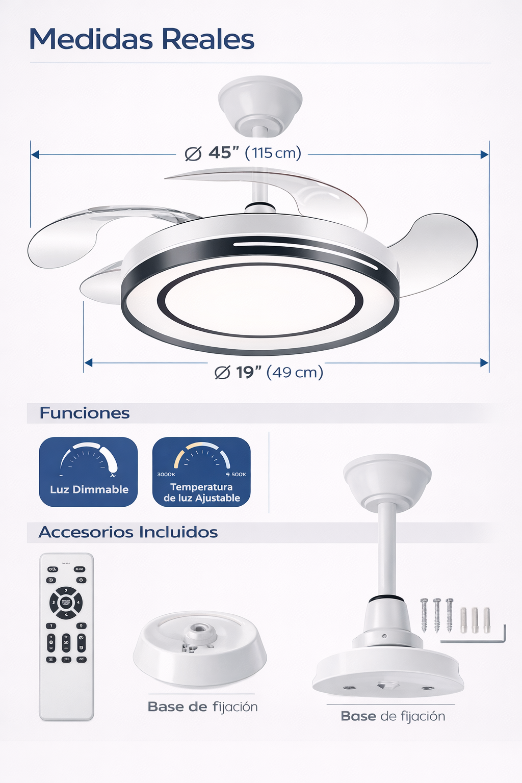 Ventilador de Techo LED Retráctil 45W 45” con Control Remoto