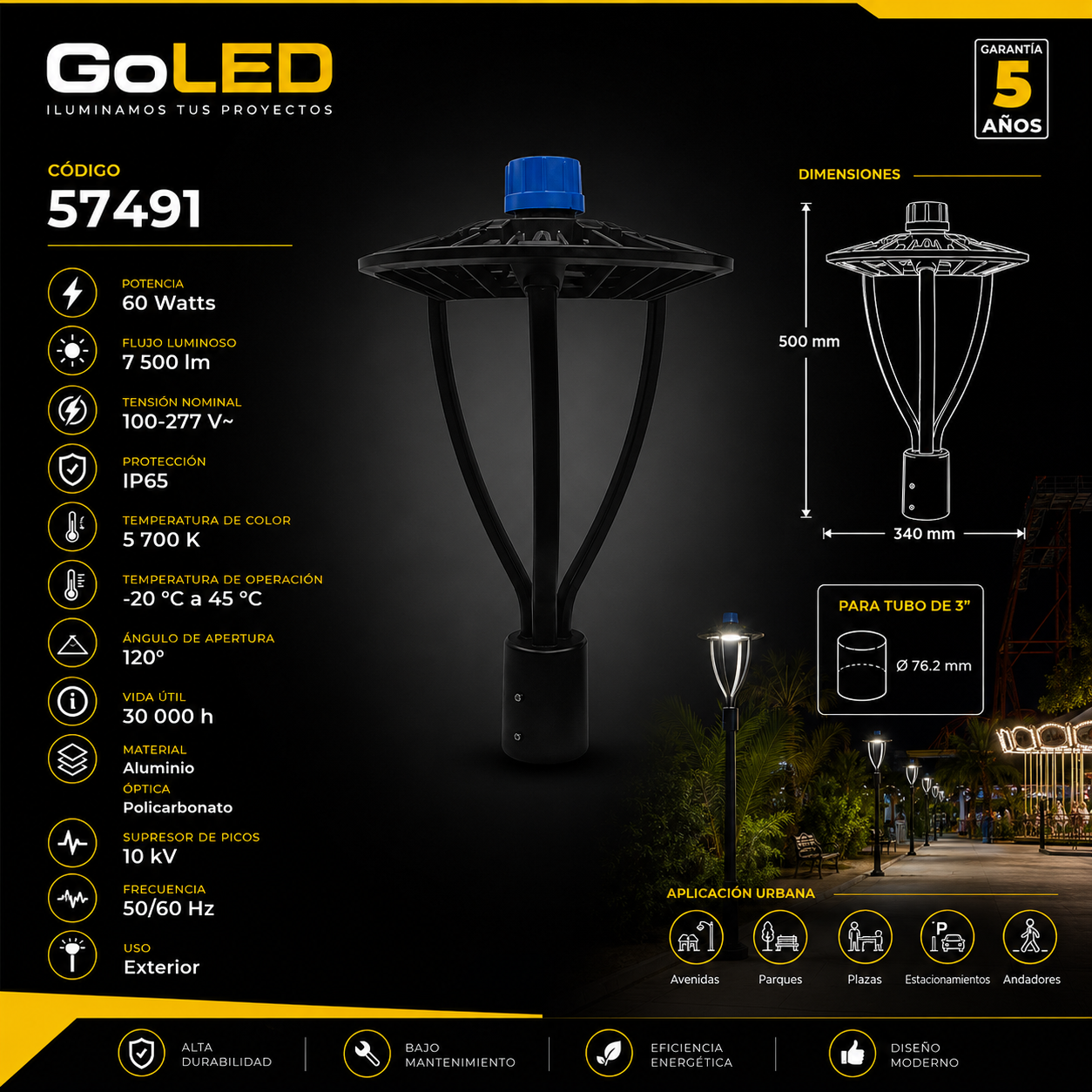 Tipo de producto: Luminaria Suburbana LED Punta de Poste