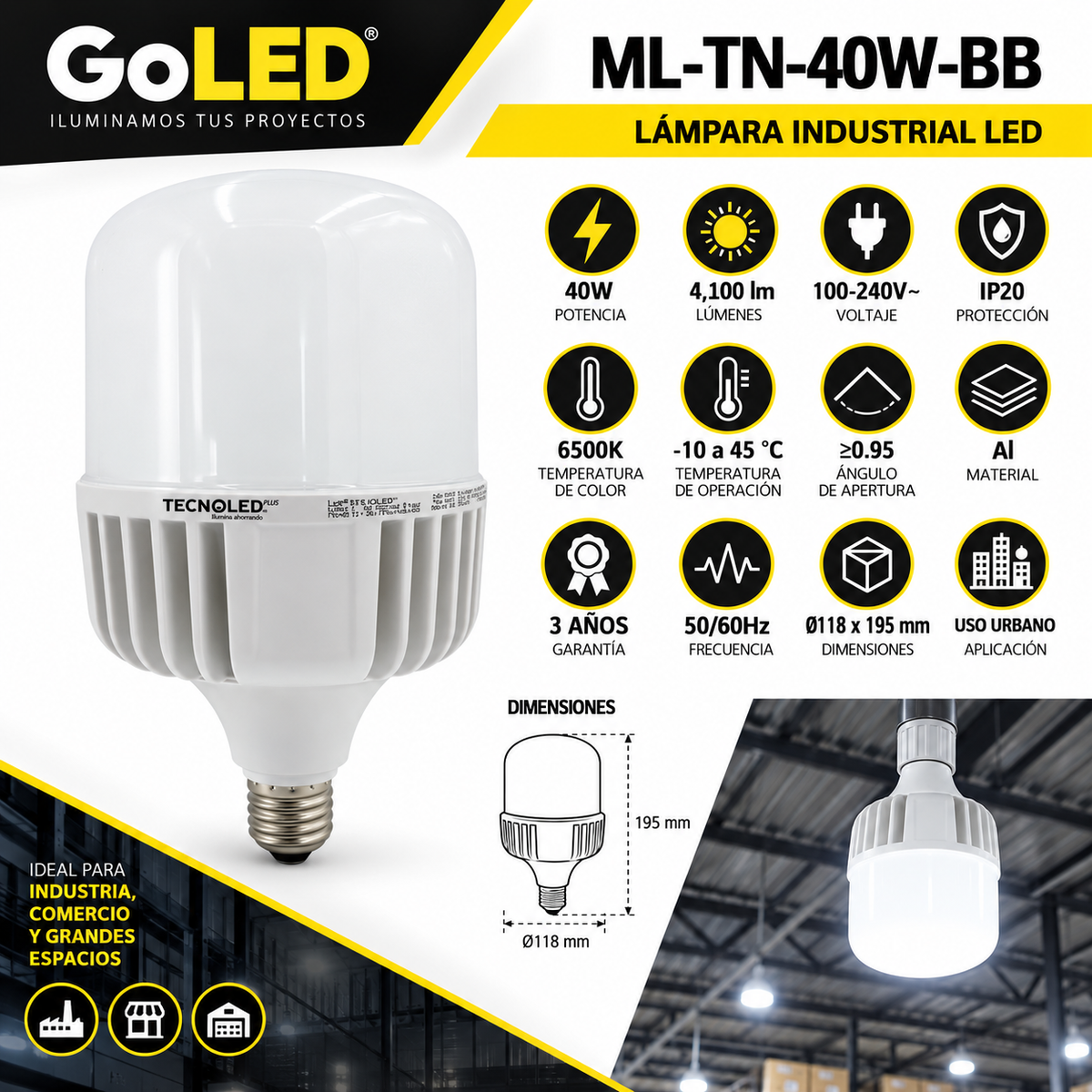Lámpara LED Industrial 40W E27 4100 lm 6500K ML-TN-40W-BB