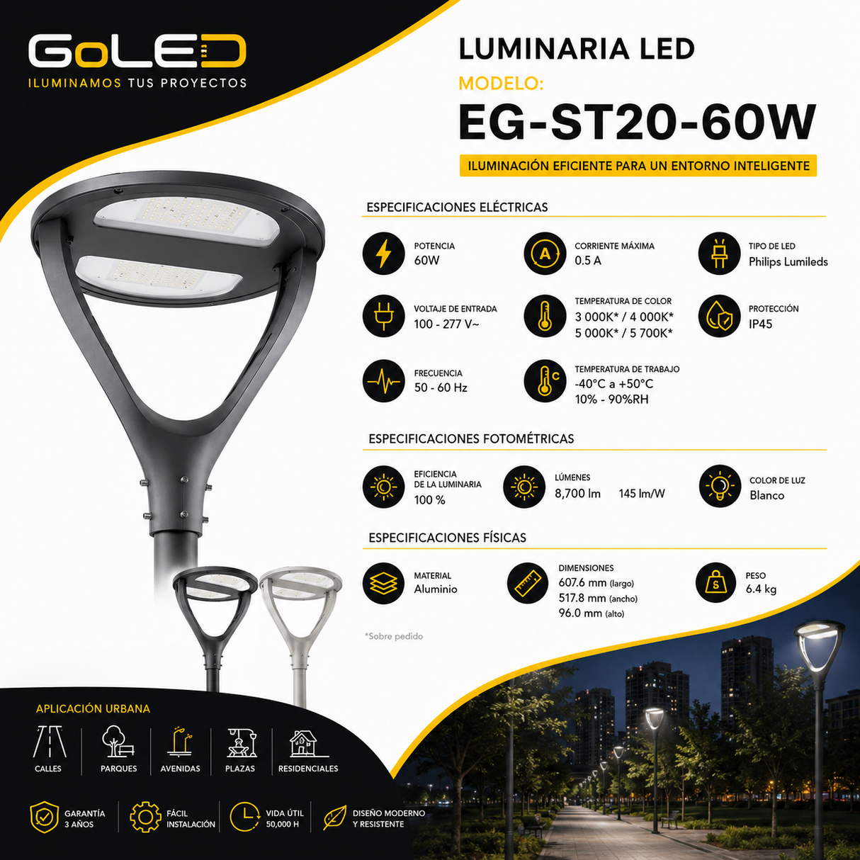 Luminaria LED Urbana Punta de Poste 60W IP66 EG-ST20-60W