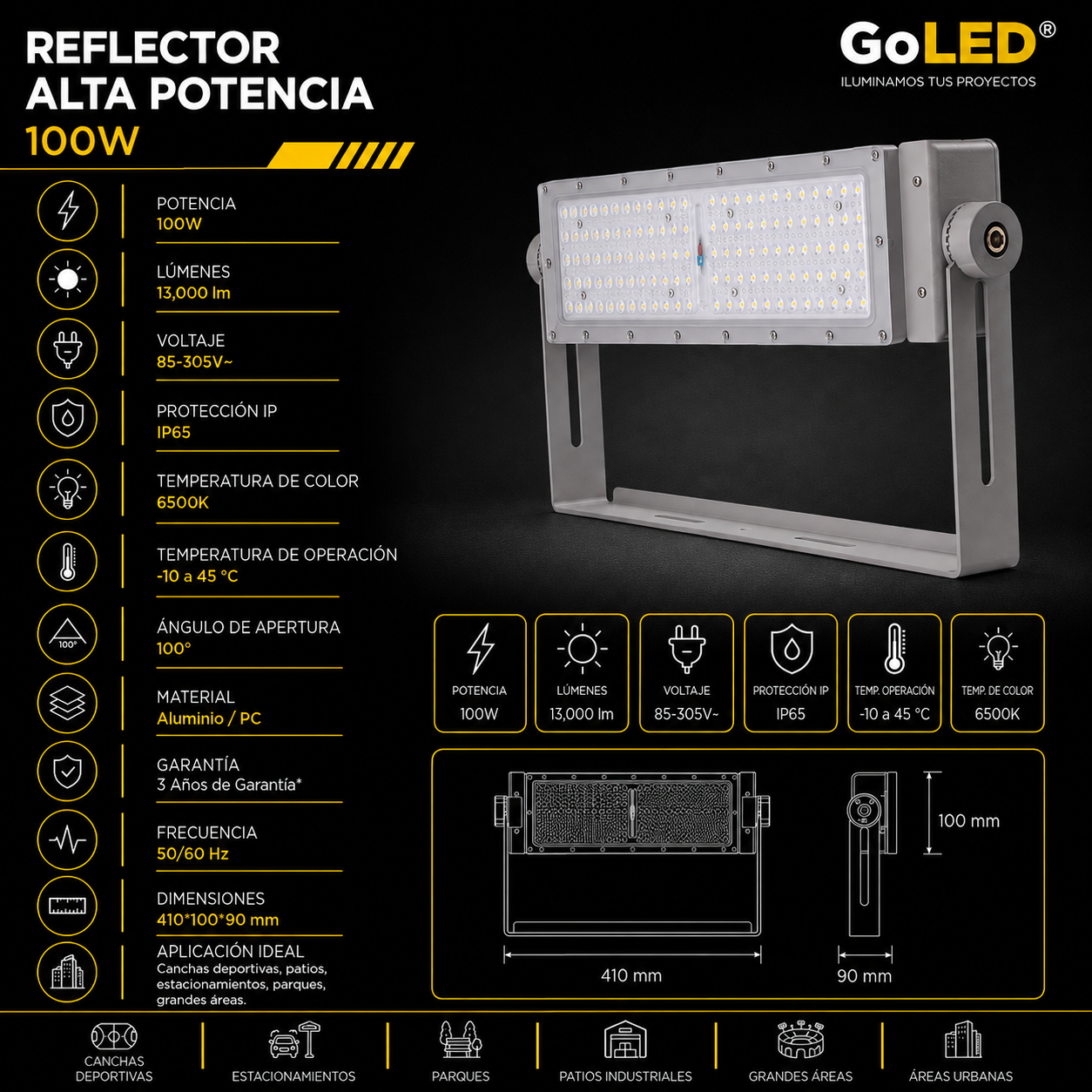Reflector LED Industrial 100W IP65 para Exteriores