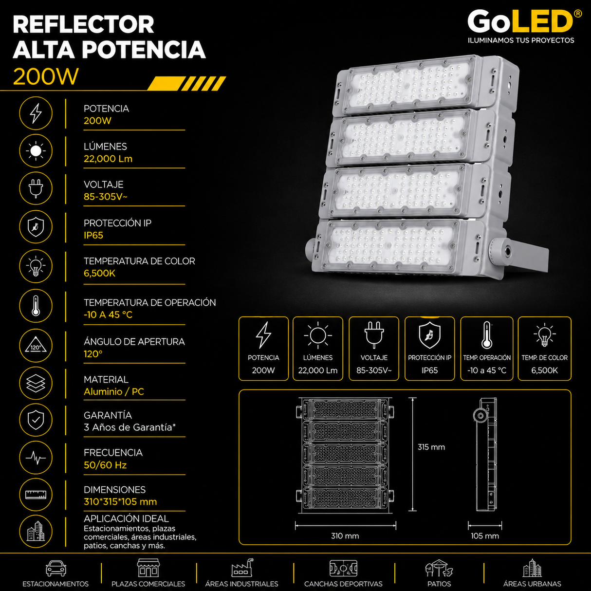 Reflector LED Industrial 200W IP65 para Exteriores