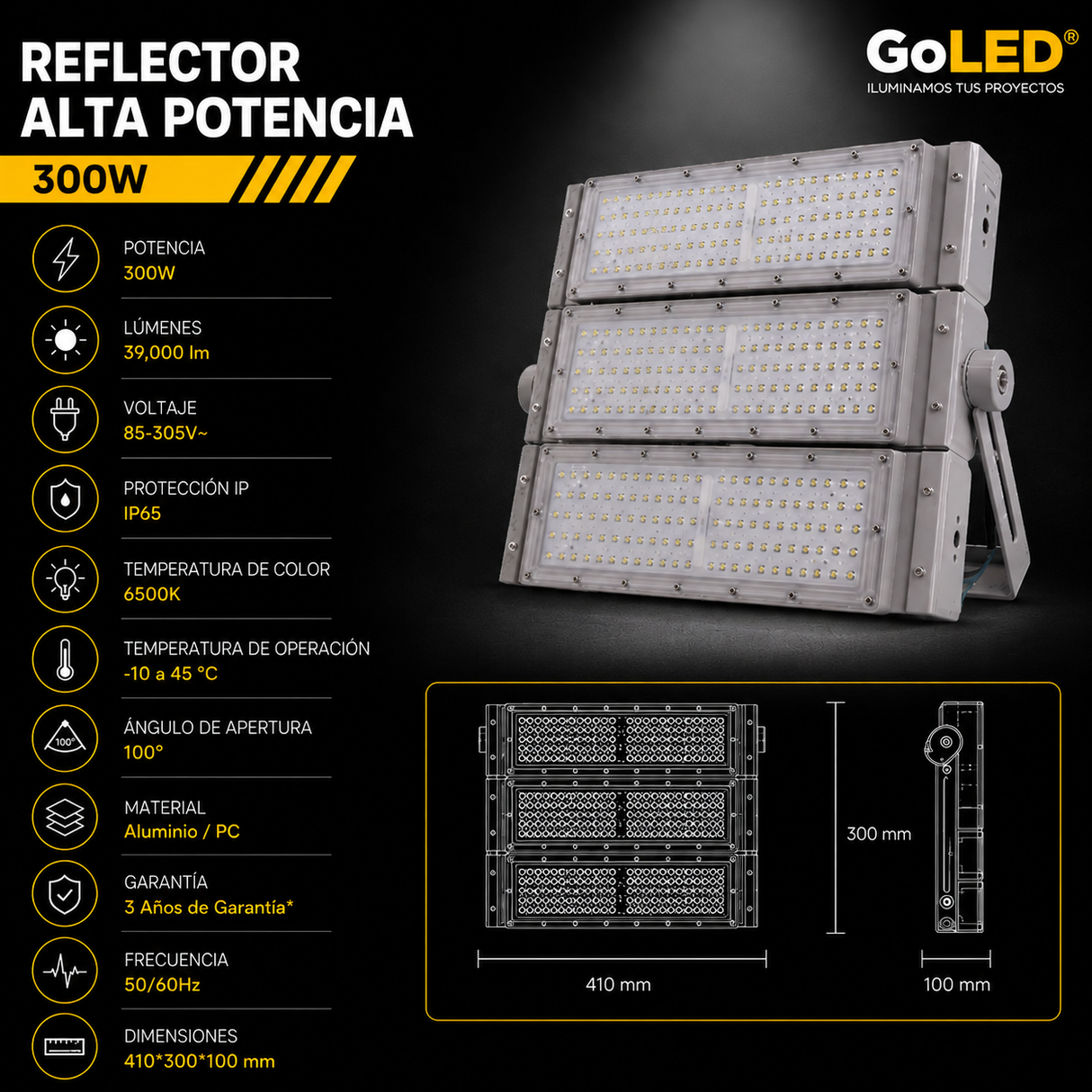 Reflector LED Industrial 300W IP65 para Grandes Áreas