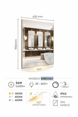 Espejo LED Rectangular 56W Luz Regulable para Baño IP65