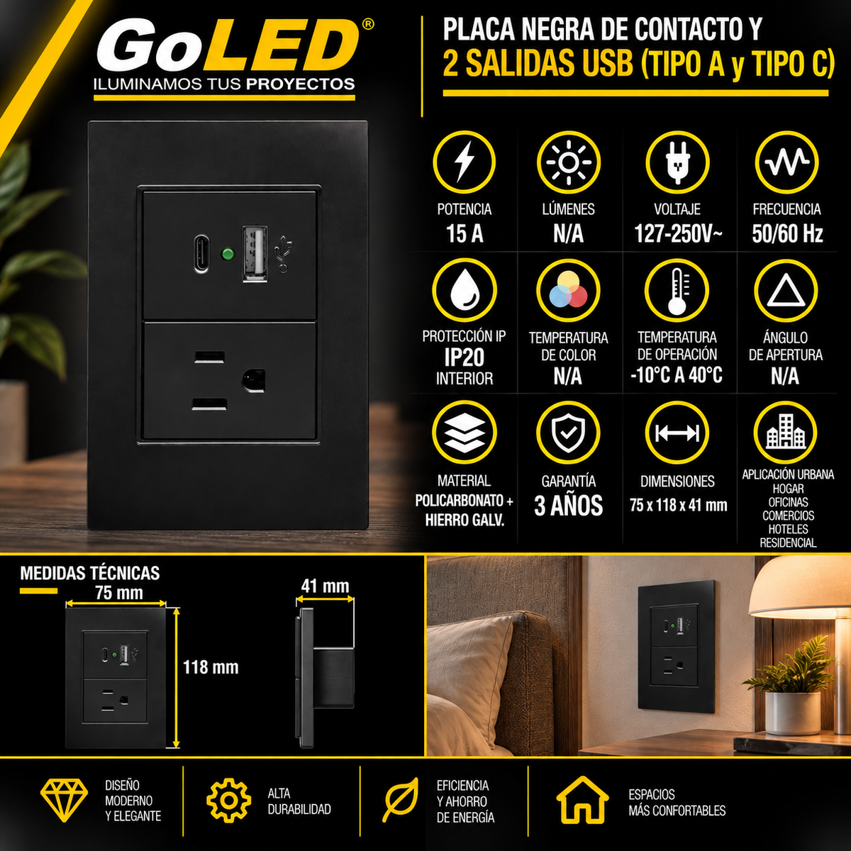 Placa de Contacto con USB-A y USB-C Negro 15A 127-250V para Interior