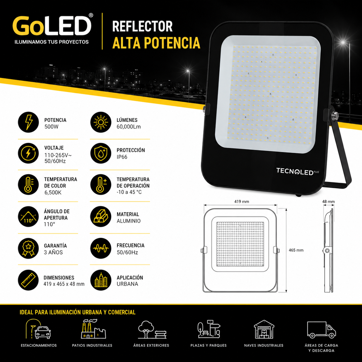Reflector LED Alta Potencia 500W IP66 para Exteriores