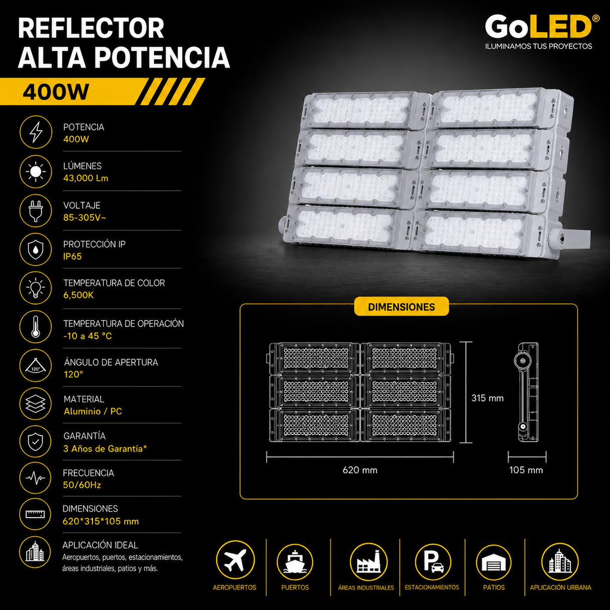 Reflector LED Industrial 400W IP65 Luz Fría 6500K CTNW-400W