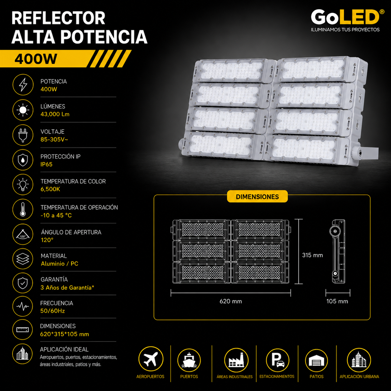 Reflector LED Industrial 400W IP65 Luz Fría 6500K CTNW-400W