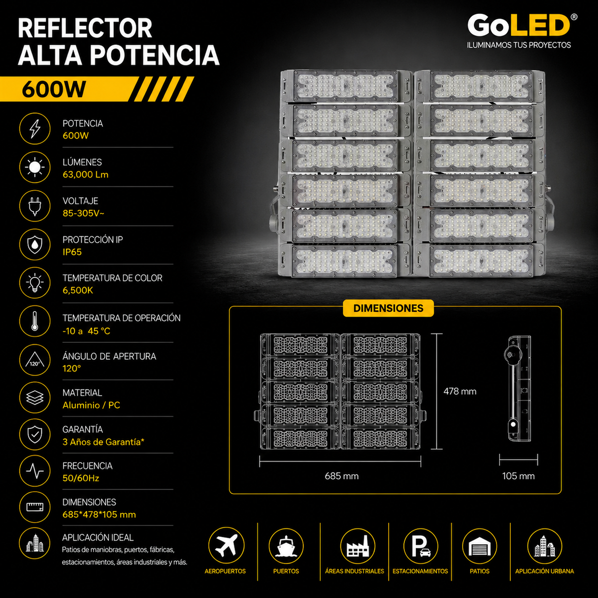 Reflector LED Industrial 600W IP65 Luz Fría 6500K CTNW-600W