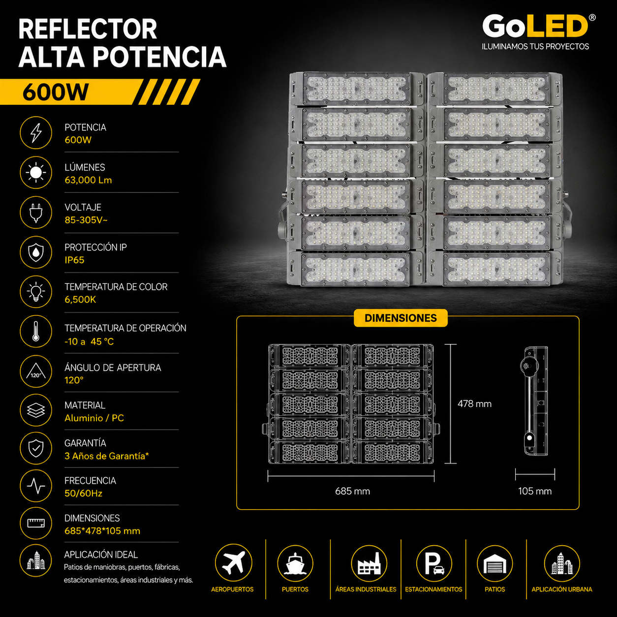Reflector LED Industrial 600W IP65 Luz Fría 6500K CTNW-600W