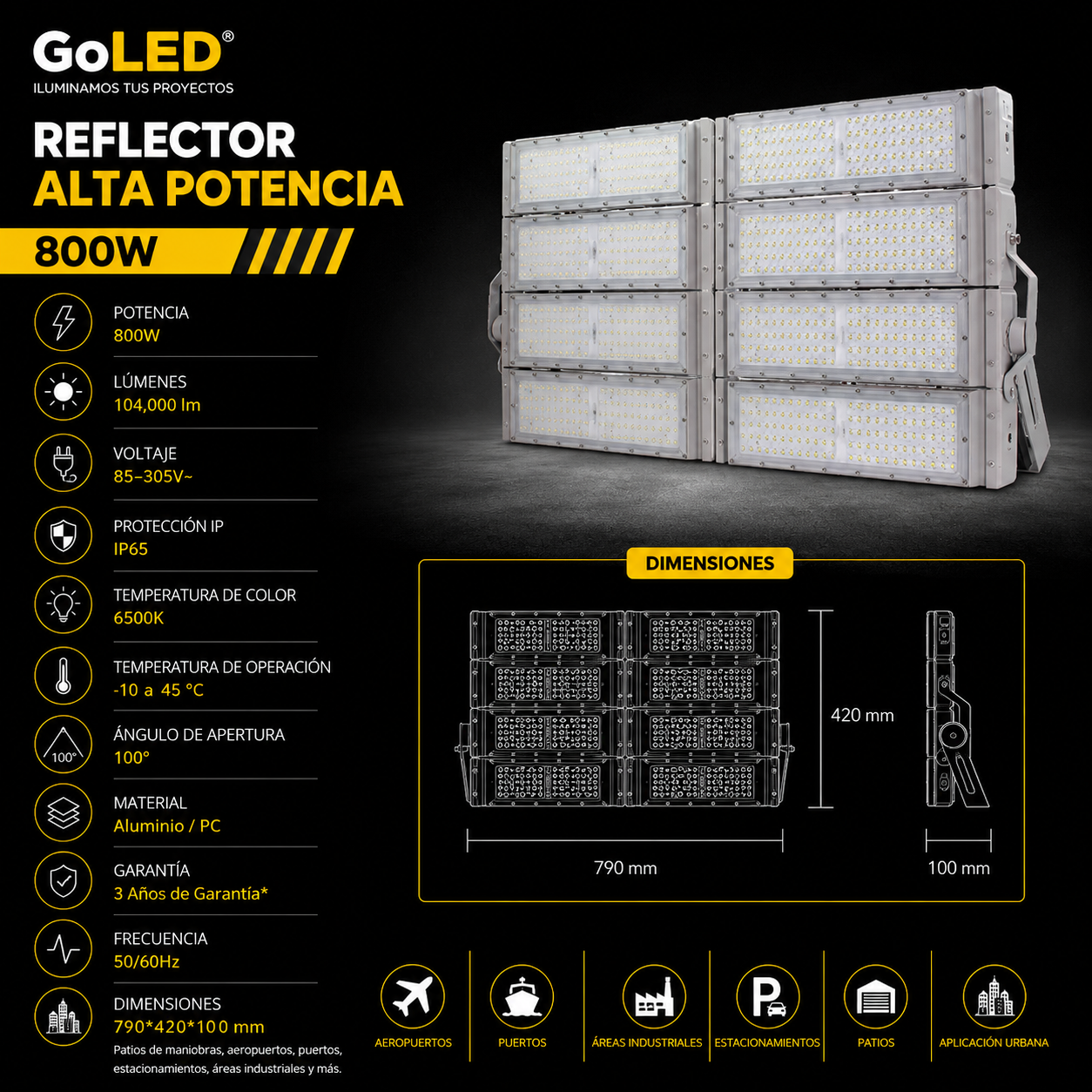 Reflector LED Industrial 800W IP65 Luz Fría 6500K CTNW-800W