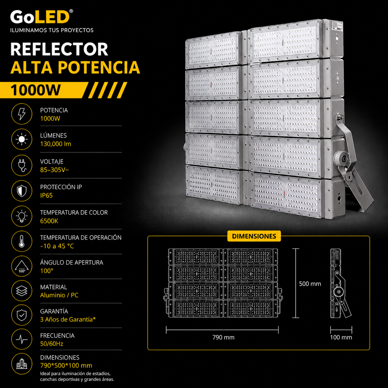 Reflector LED Industrial 1000W IP65 Luz Fría 6500K CTNW-1000W