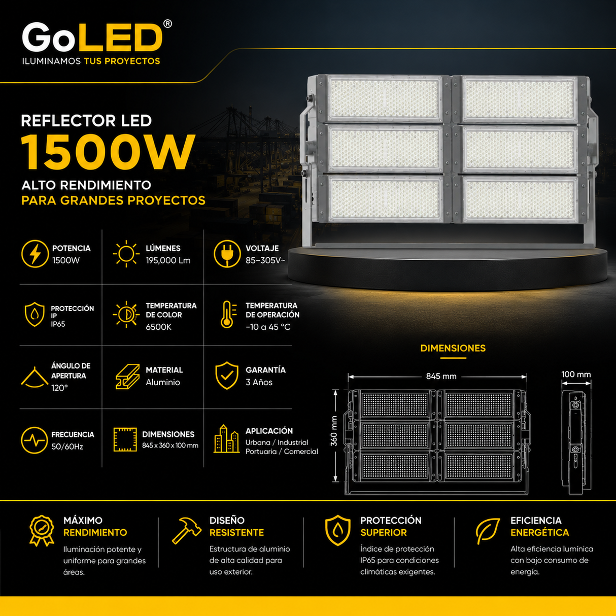 Reflector LED Industrial 1500W IP65 Luz Fría 6500K CTNW-1500W