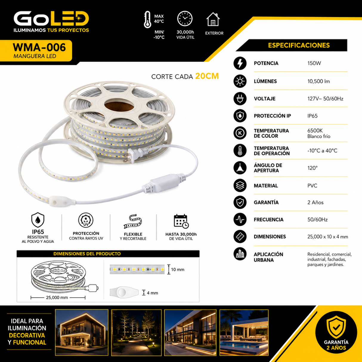 Manguera LED 25m 150W Blanco Frío IP65 WMA-006