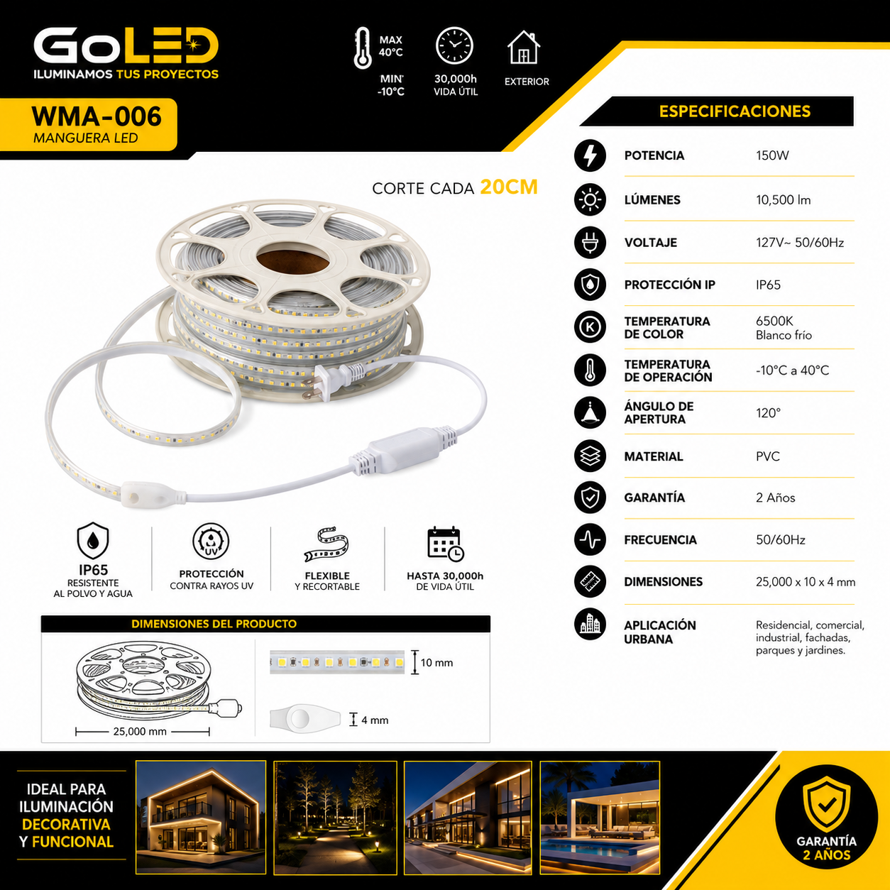 Manguera LED 25m 150W Blanco Frío IP65 WMA-006