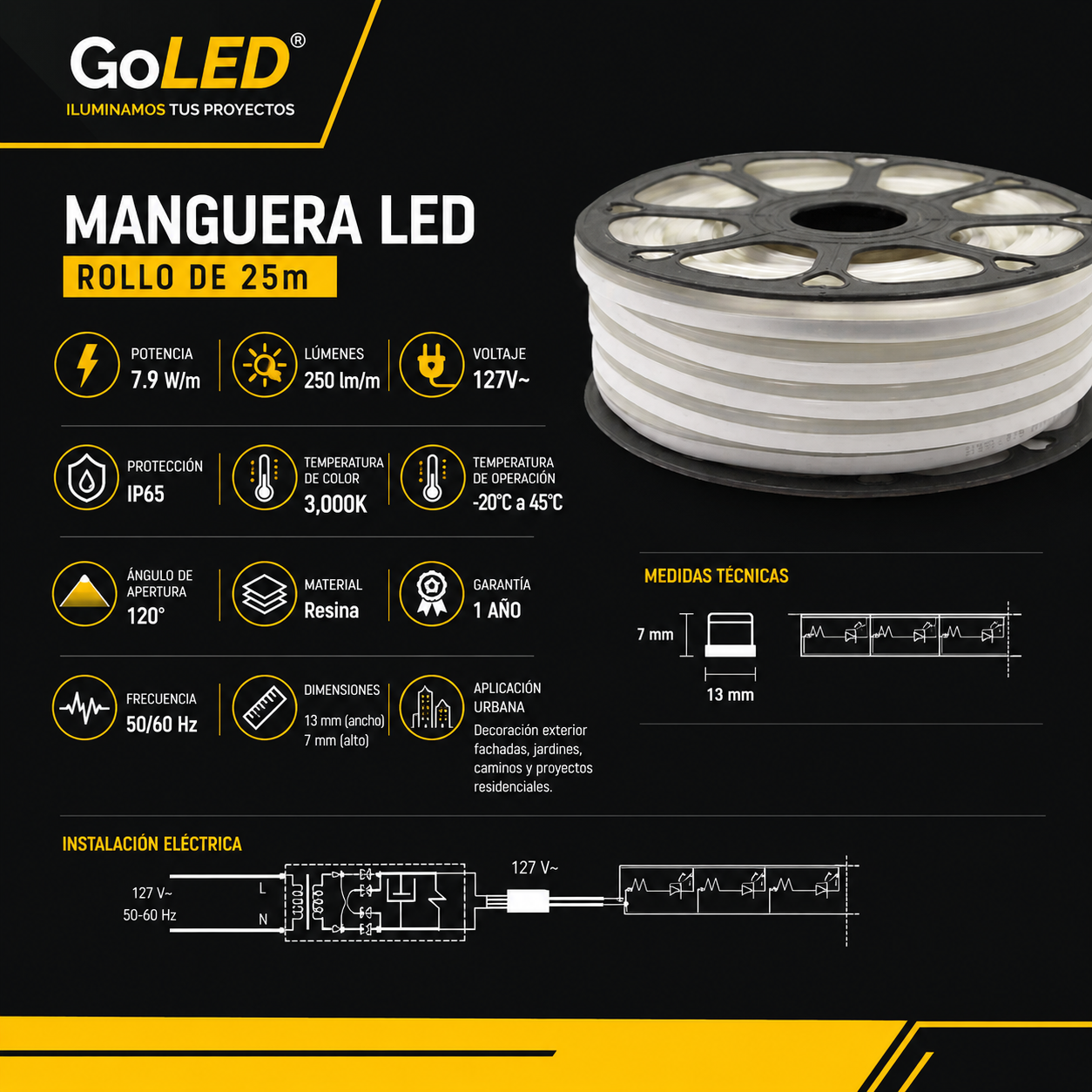 Manguera LED Neón Flexible 25m Blanco Cálido 3000K IP65 ML-NEON-BC