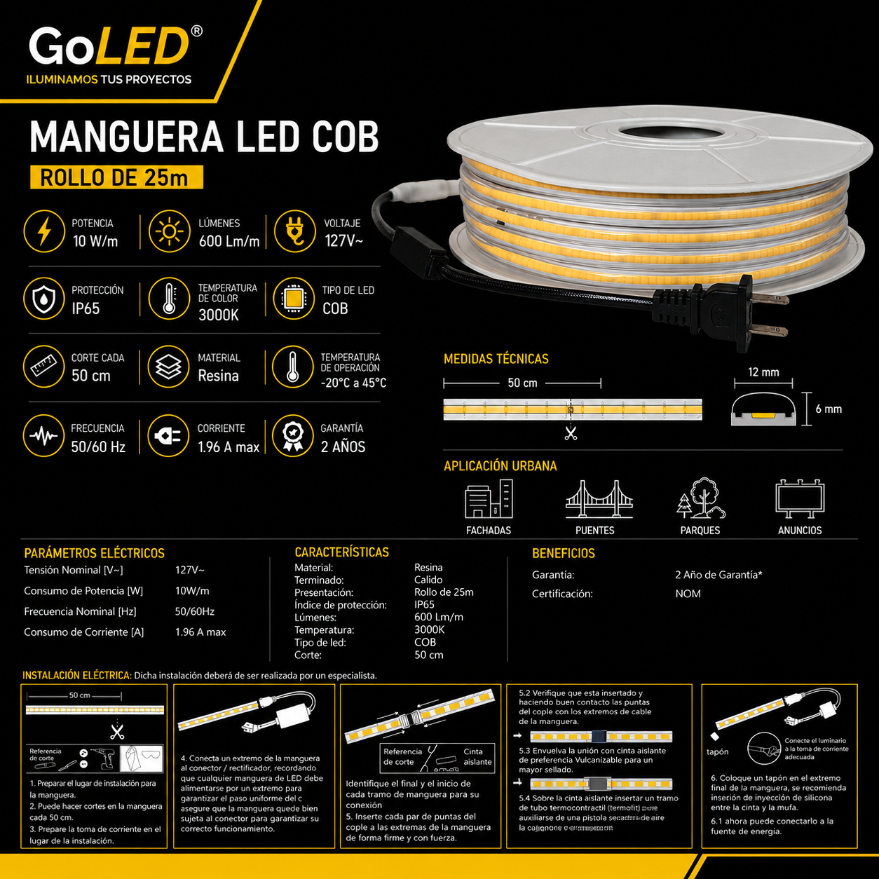 Manguera LED COB 25m Blanco Cálido 3000K IP65 ML-MLCOB-BC