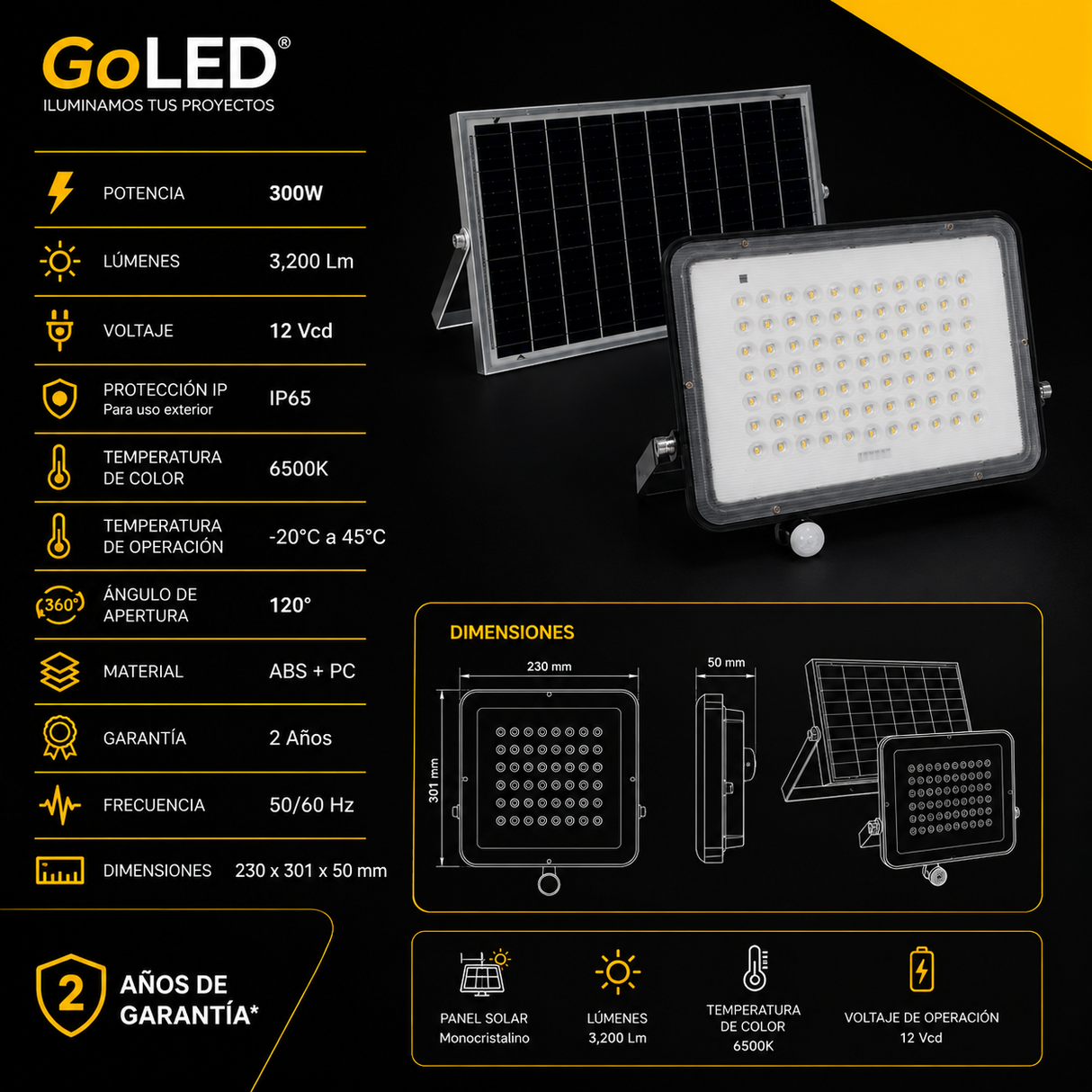 Reflector Solar LED 3200 lm con Sensor y Control Remoto SO-REF300