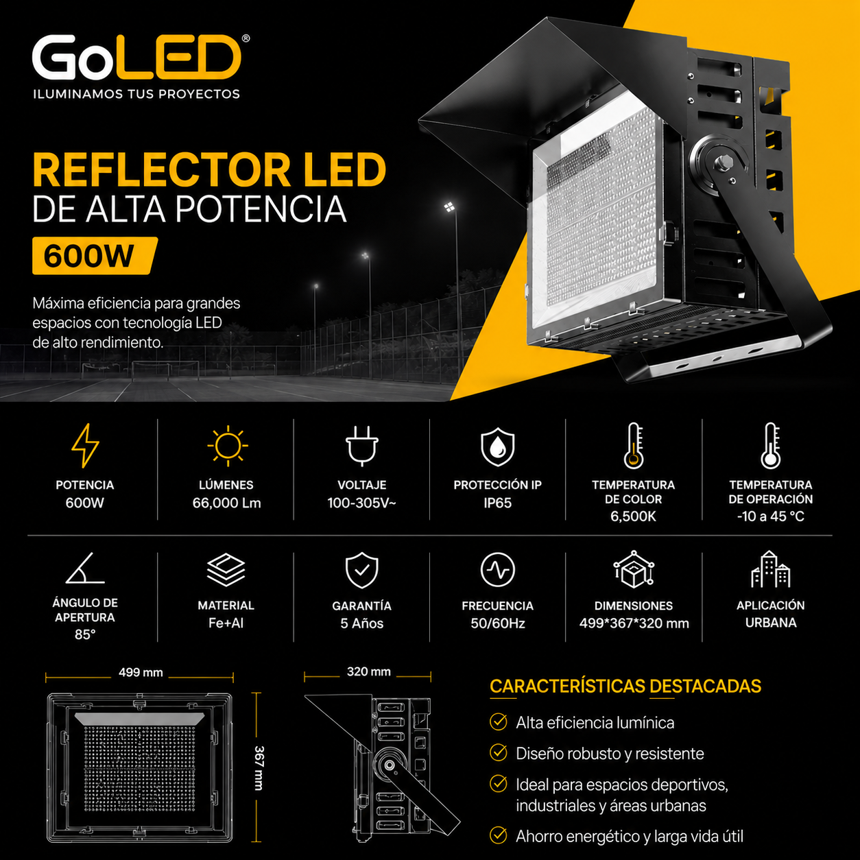 Reflector LED Alta Potencia 600W IP65 Industrial RHGF5Y-600W