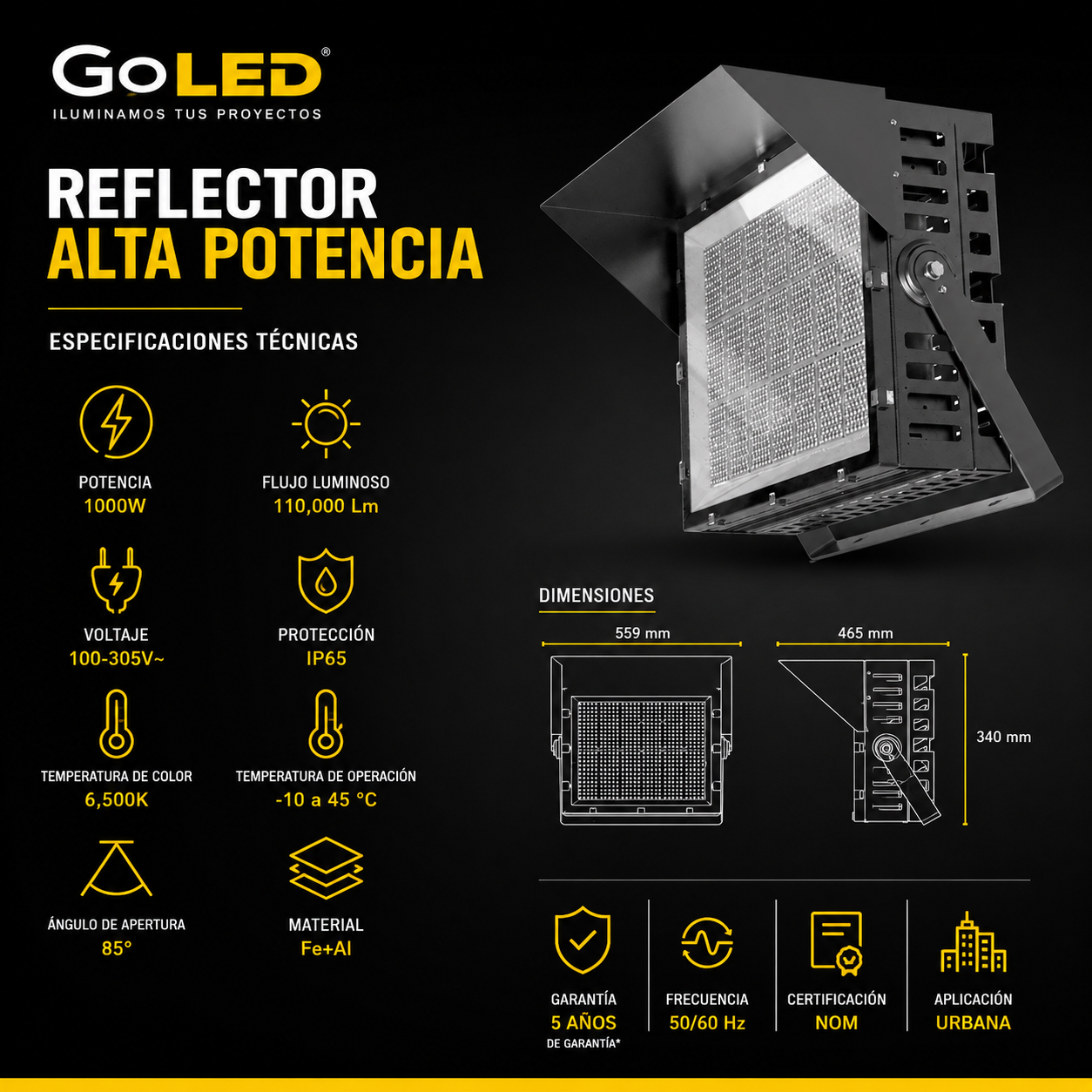 Reflector LED Alta Potencia 1000W IP65 Industrial RHGF5Y-1000W