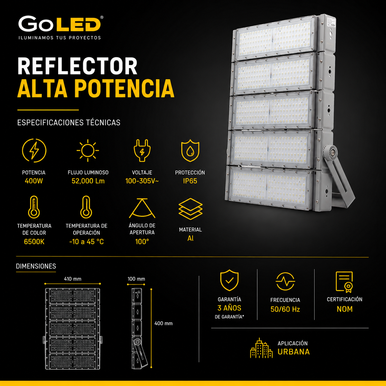 Reflector LED Alta Potencia 400W IP65 52000 lm CTNW-400W