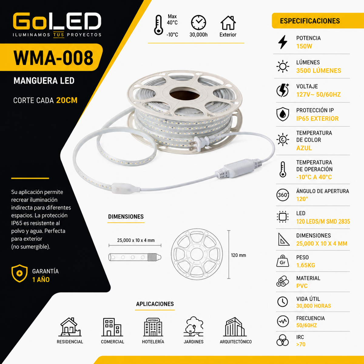 Manguera Doble LED Azul 25m 150W IP65 para Exterior