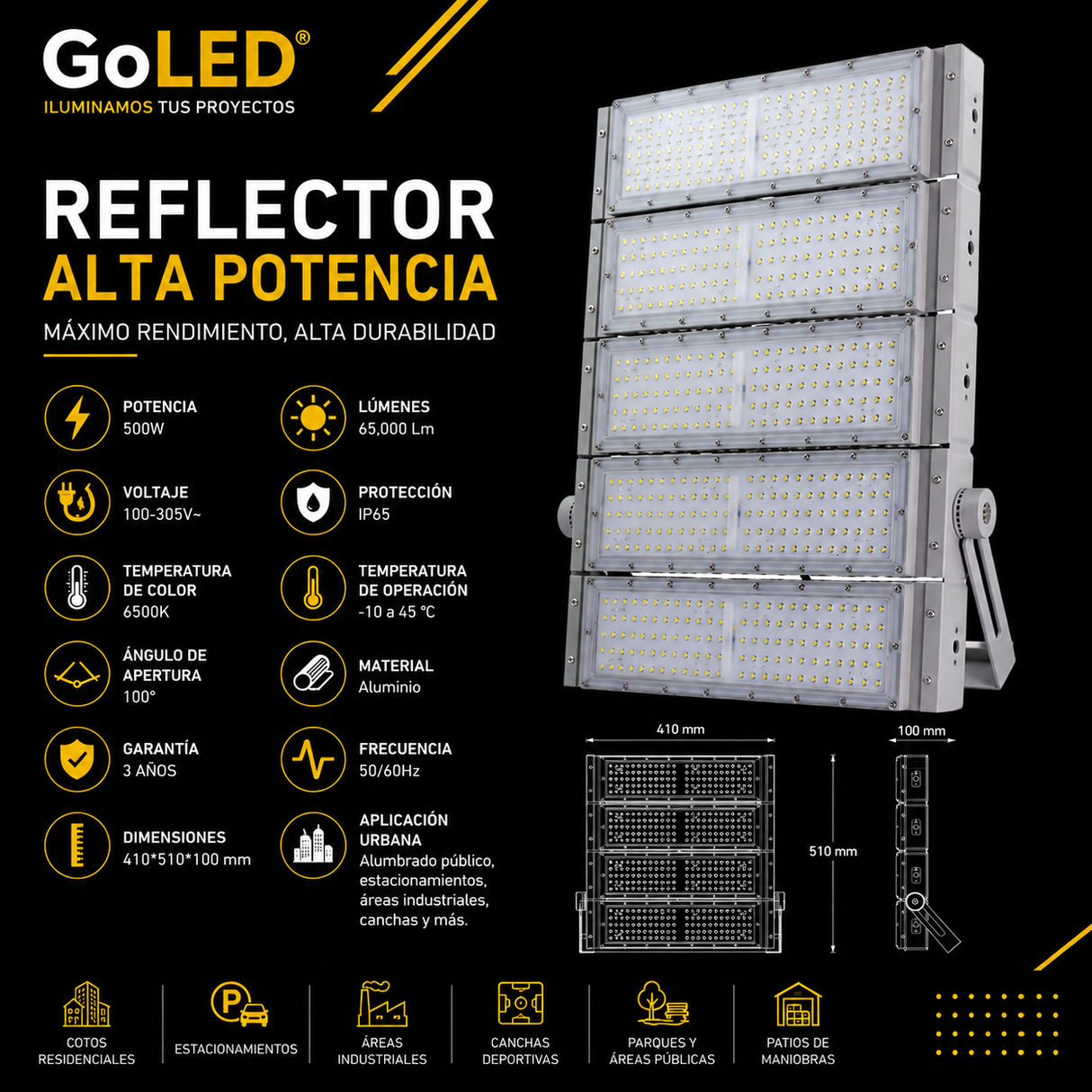 Reflector LED Alta Potencia 500W IP65 65000 lm CTNW-500W