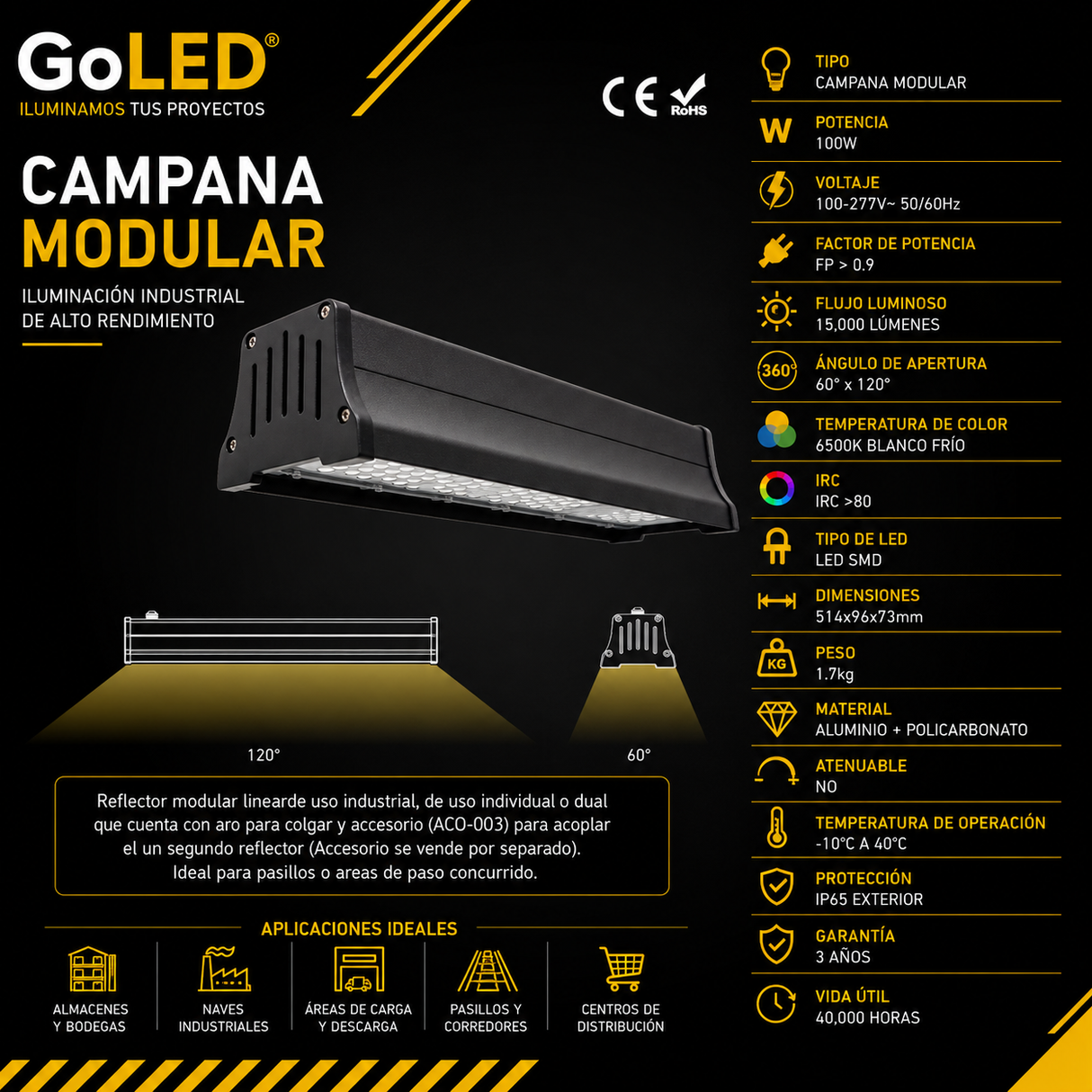 Campana Lineal Modular LED 100W IP65 15000 lm ARE-101
