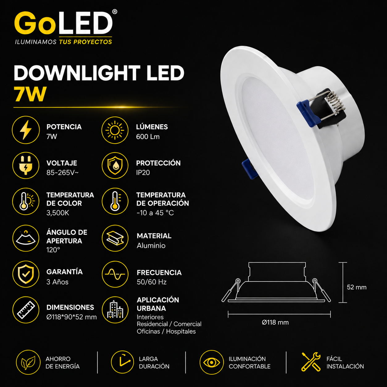 Downlight LED Empotrable 7W Luz Cálida 3500K ML-DL-7W-WT-BC