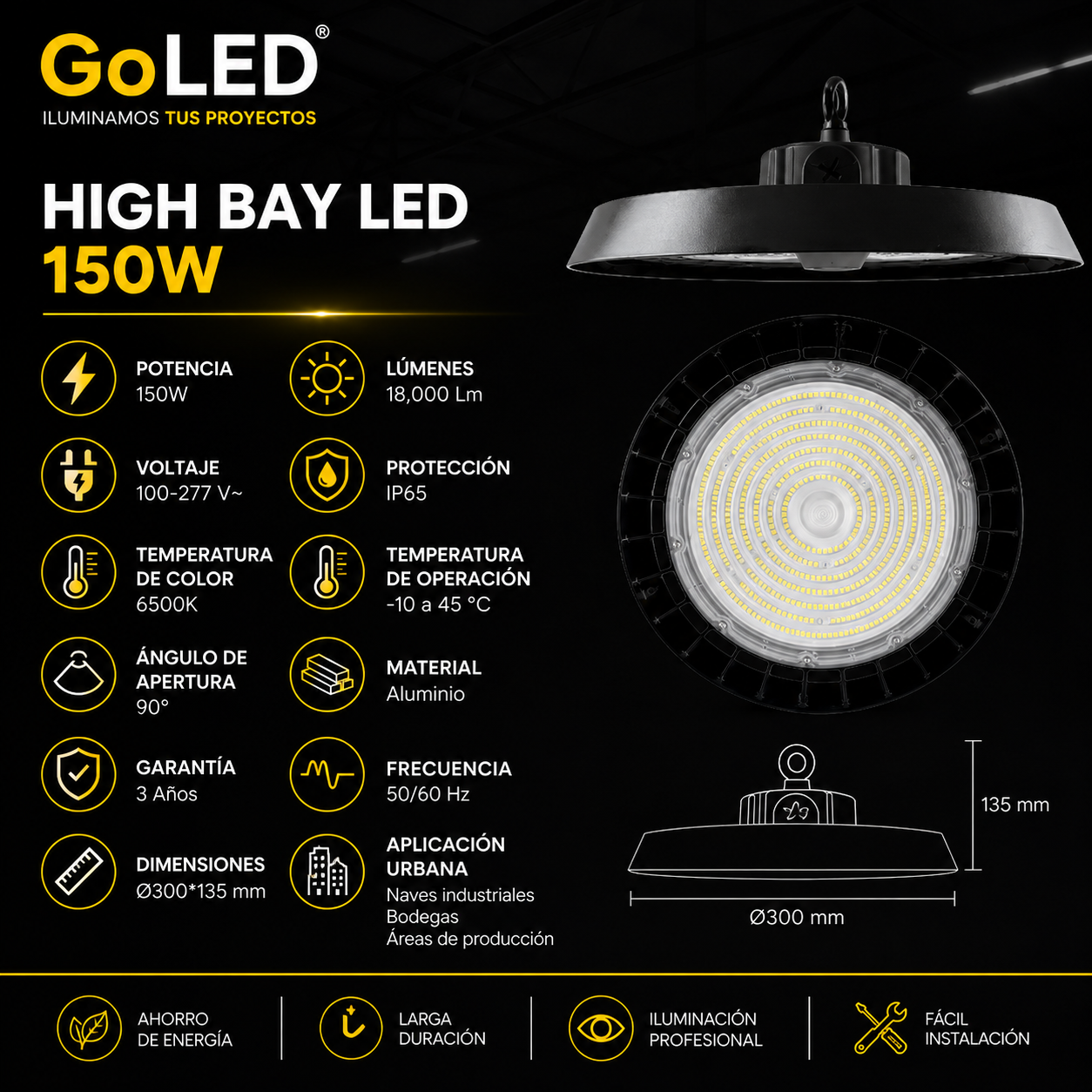 Campana Industrial LED UFO 150W IP65 18000 lm