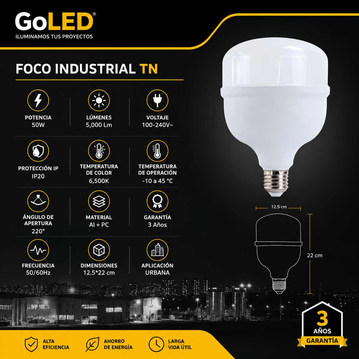 Foco Industrial TN 50W 5000 Lúmenes E27 Luz Fría