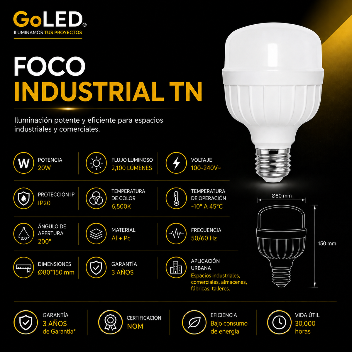 Foco Industrial TN 20W 2100 Lúmenes E27 Luz Fría