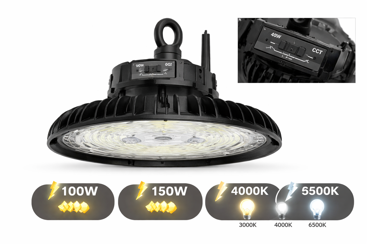 Campana LED UFO Industrial 200W Multipo­tencia y CCT Ajustable