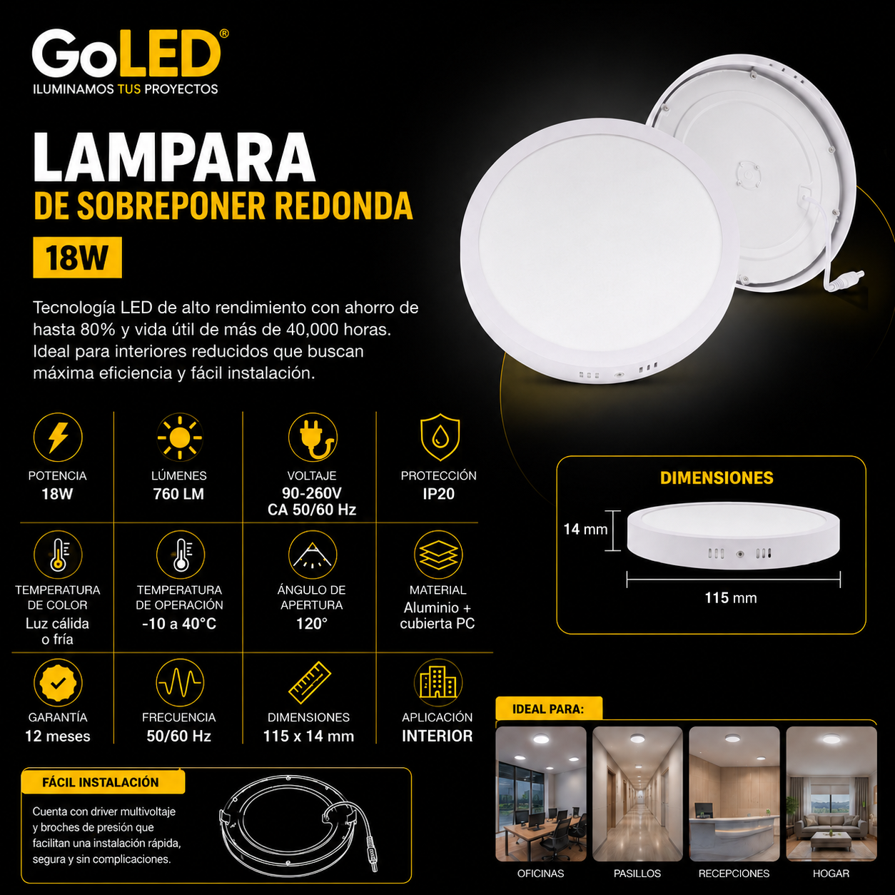 Lampara de Sobreponer Redonda 18W para Interior 760 Lúmenes