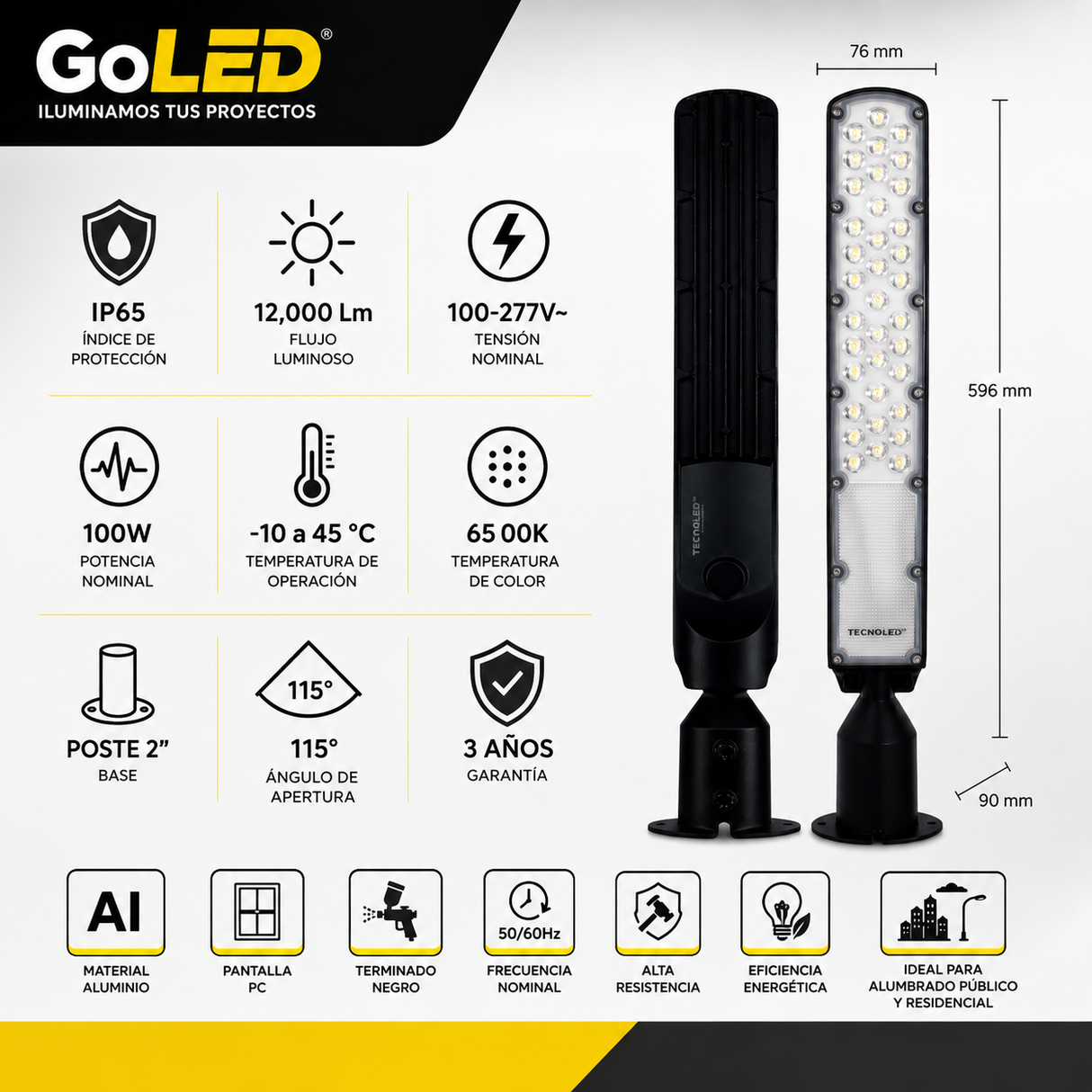 Luminario LED para Poste 100W IP65 Alumbrado Exterior