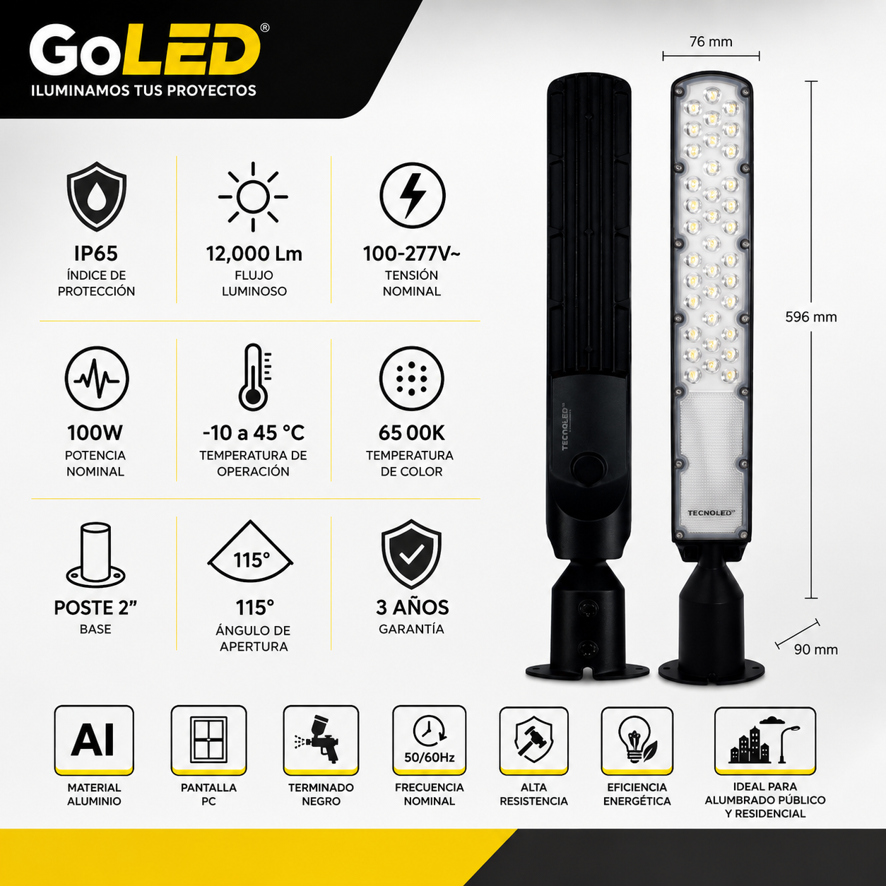 Luminario LED para Poste 100W IP65 Alumbrado Exterior