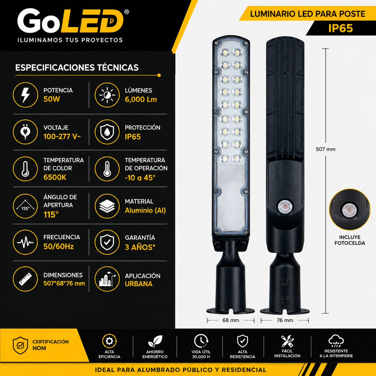 Luminario LED para Poste 50W IP65 con Fotocelda Integrada
