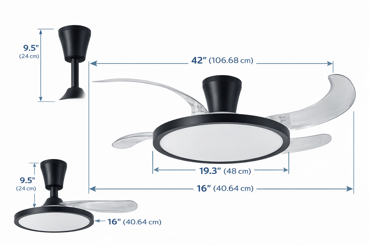 Ventilador de Techo LED Retráctil 42” Negro Mate con Control Remoto