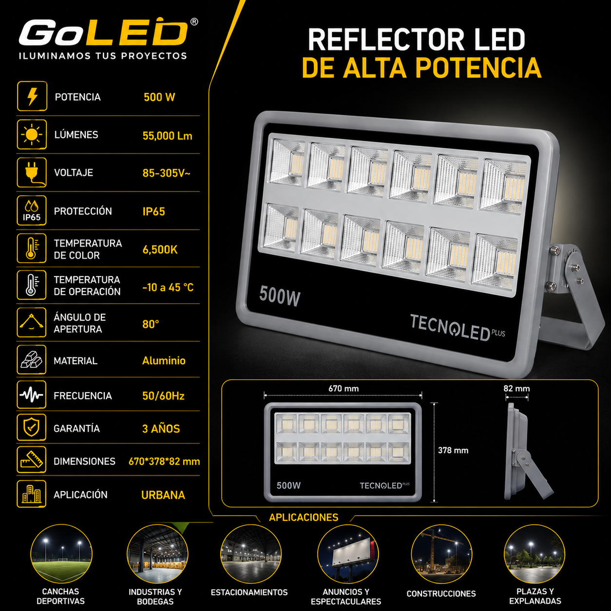 Reflector LED Alta Potencia 500W IP65 55000 lm