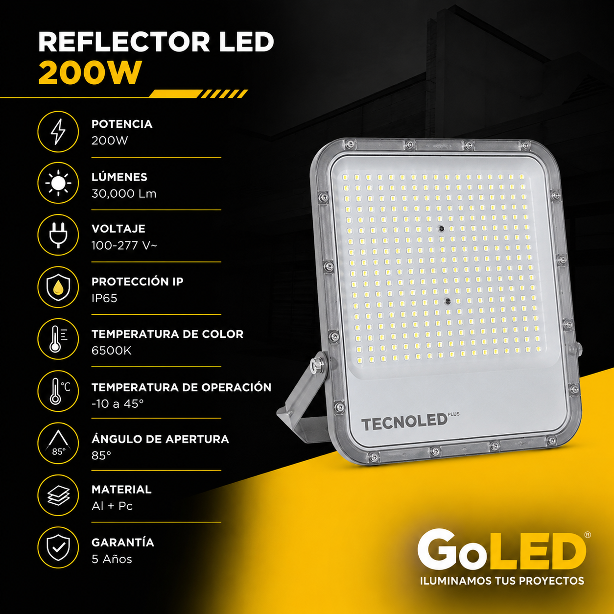 Reflector LED Industrial 200W IP65 Alta Potencia Exterior