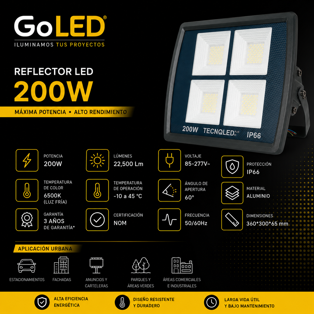 Reflector LED 200W IP66 22500 lm Luz Fría